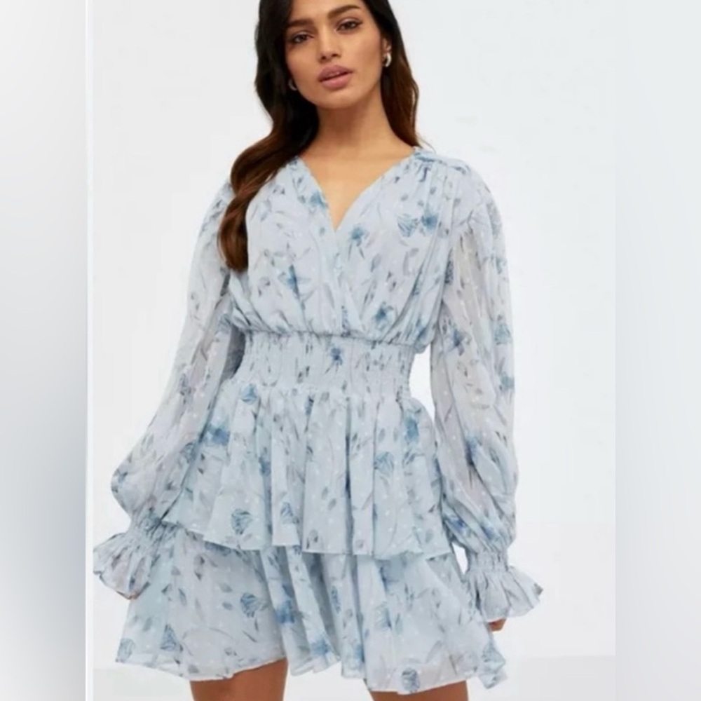 NWT- Size M Bardot blue floral print tiered long sleeve dress